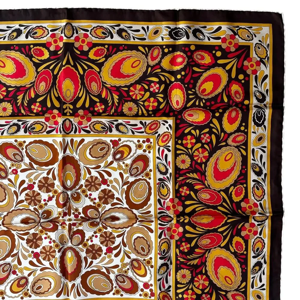 Vintage 70s silky square scarf brown tan gold orange paisley print hand rolled